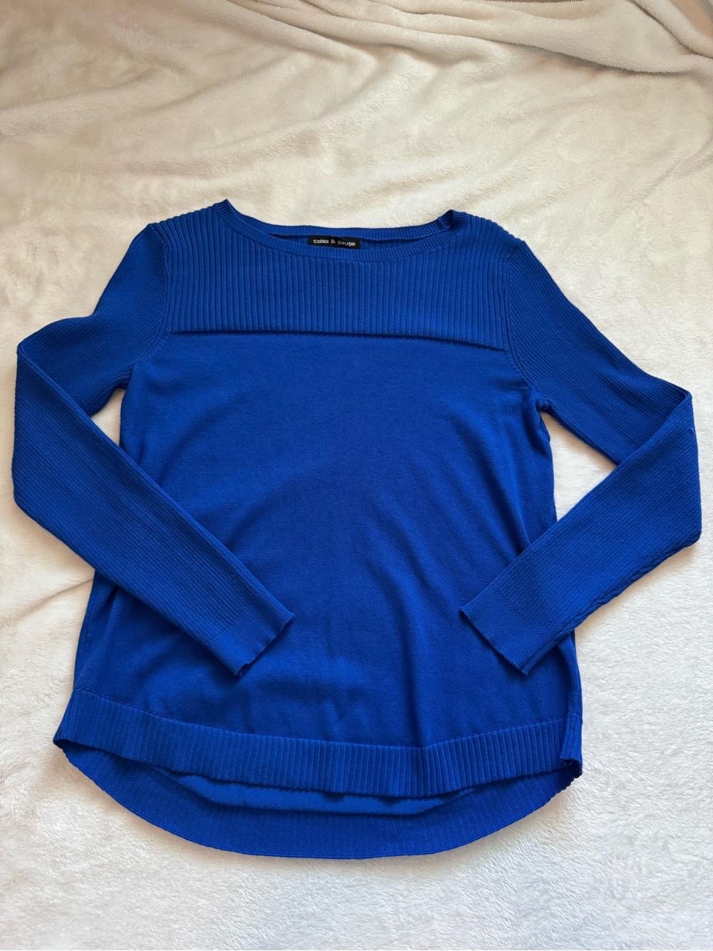 Cable & Gauge Royal Blue Ribbed Yoke Crew Neck Sweater